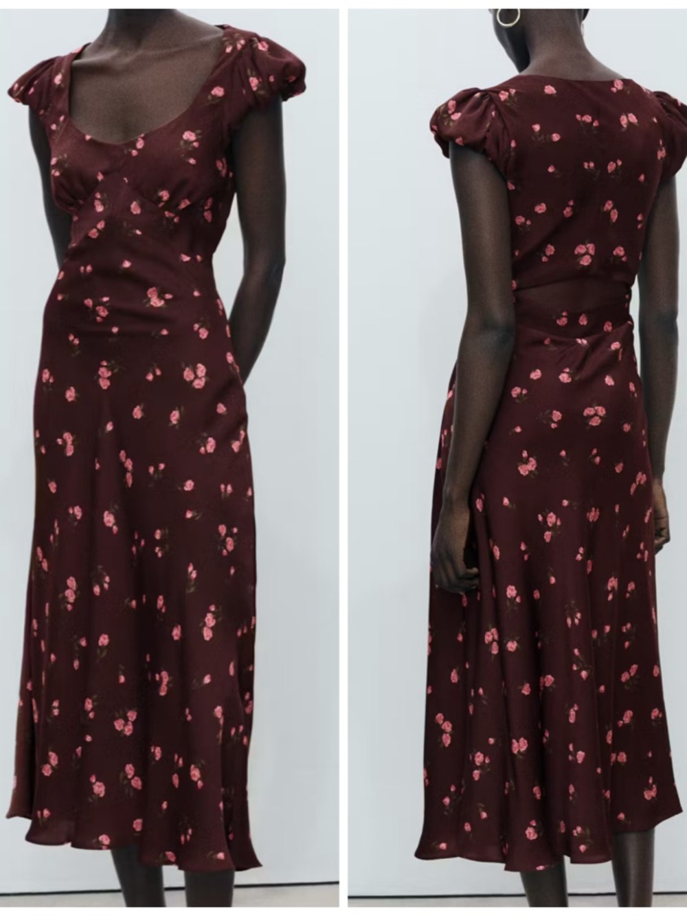 Mango Silk Chocolate Midi Dress With Cutout Back & Cute Sleeve-Pink Floral Print